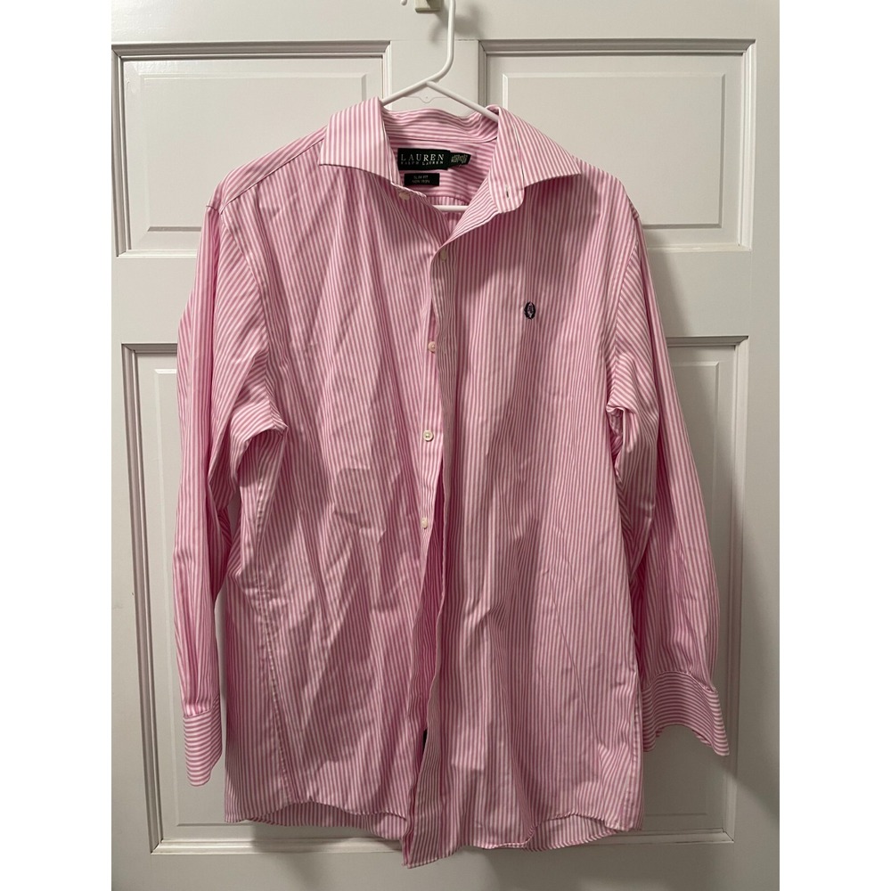 Men's Pink/White Striped Lauren Ralph Lauren Slim Fit 16 1/2 32/33 Button Up